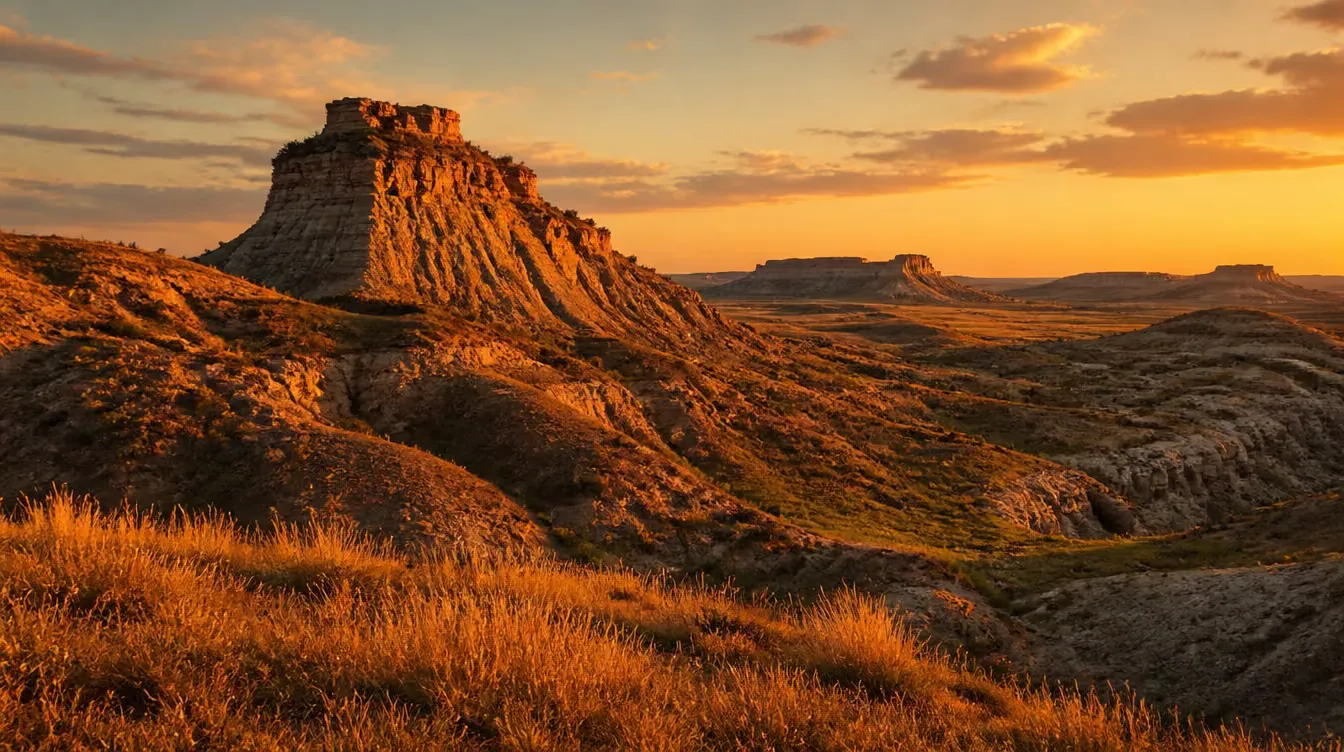 The Big Muddy Badlands at golden hour — eroded buttes rising from the grasslands south of Assiniboia