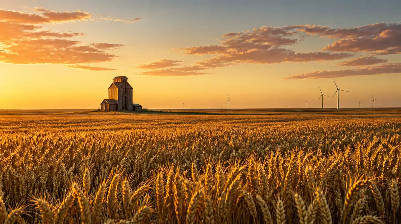 Golden-hour wheat field near Assiniboia with a grain elevator and wind turbines on the horizon