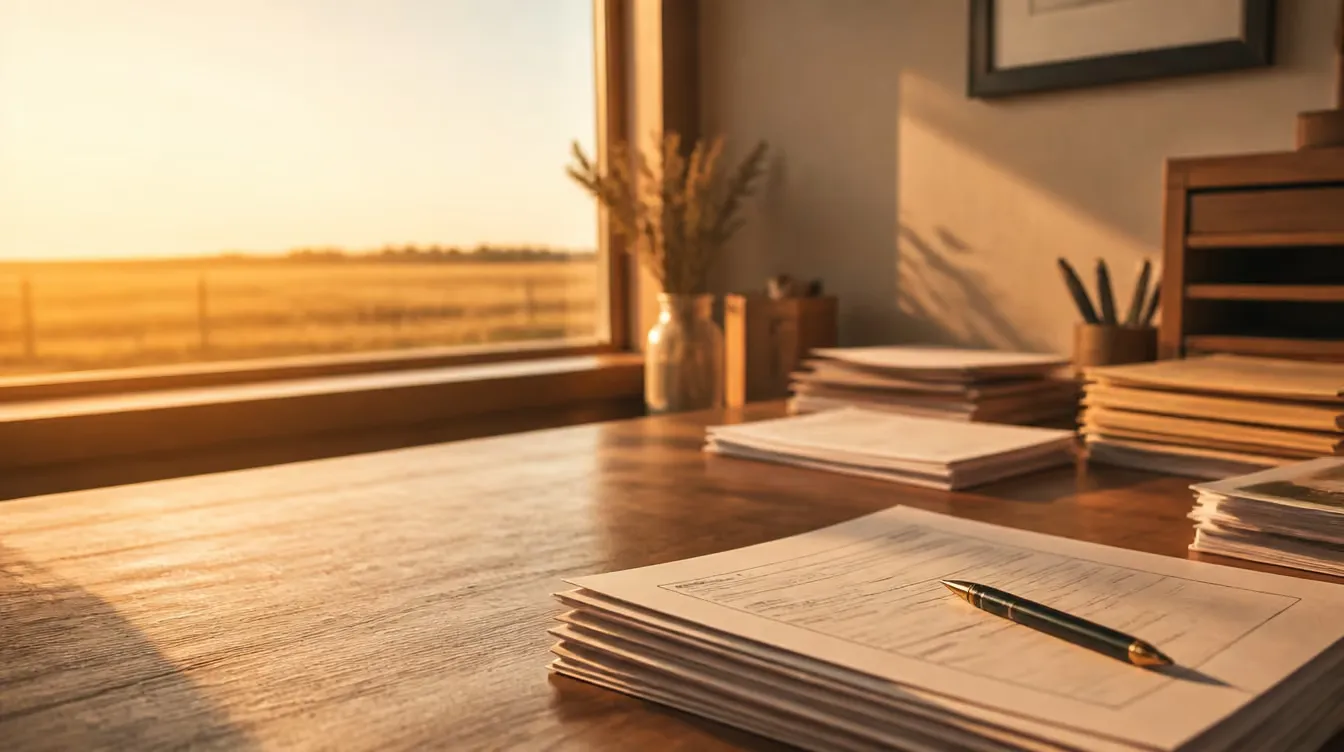 Stacks of paper forms on a desk in warm golden-hour prairie light
